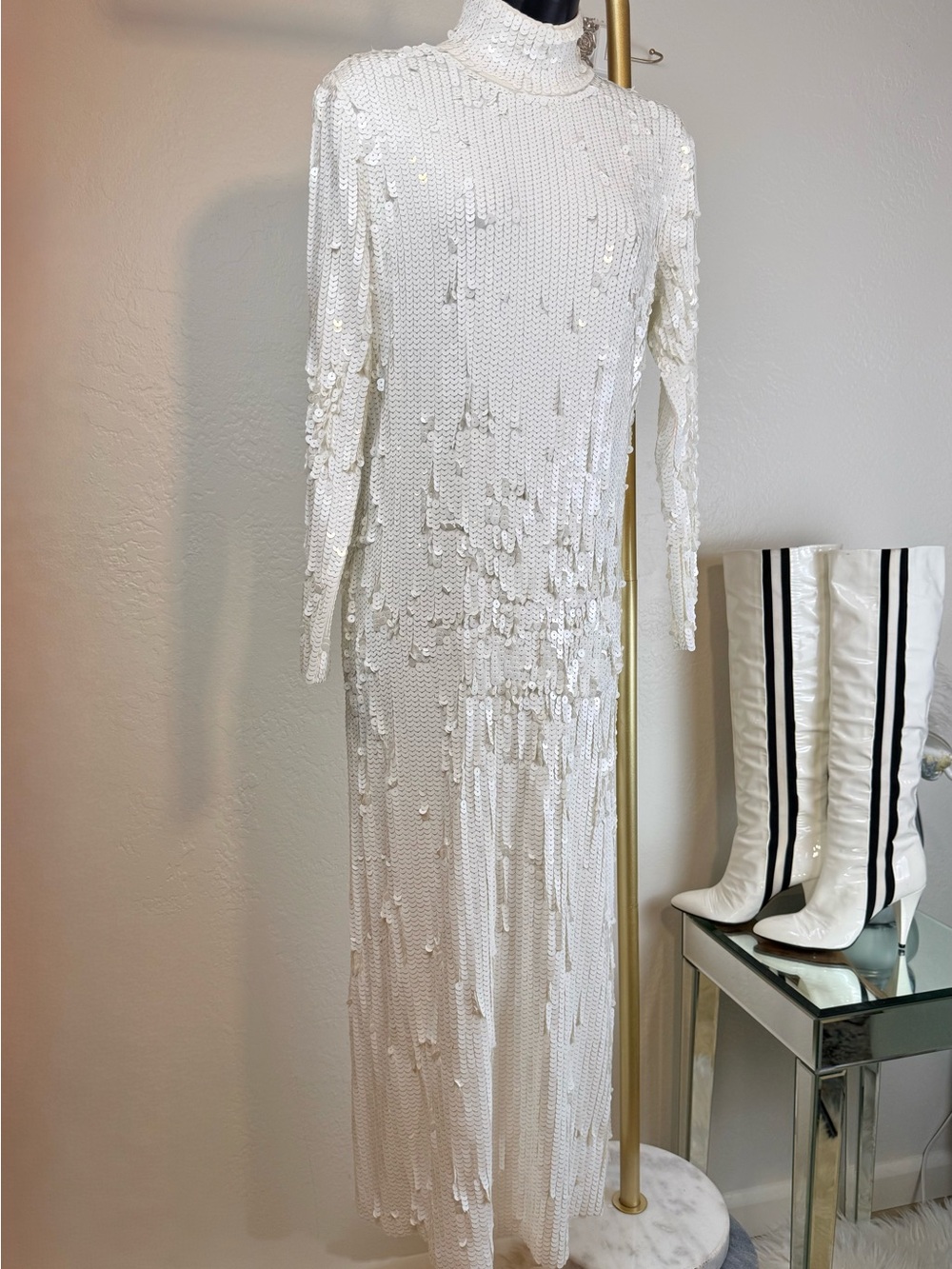 ZARA Creamy Opaque White Shimmer Sequin Midi Dress Size S/M Party Glam